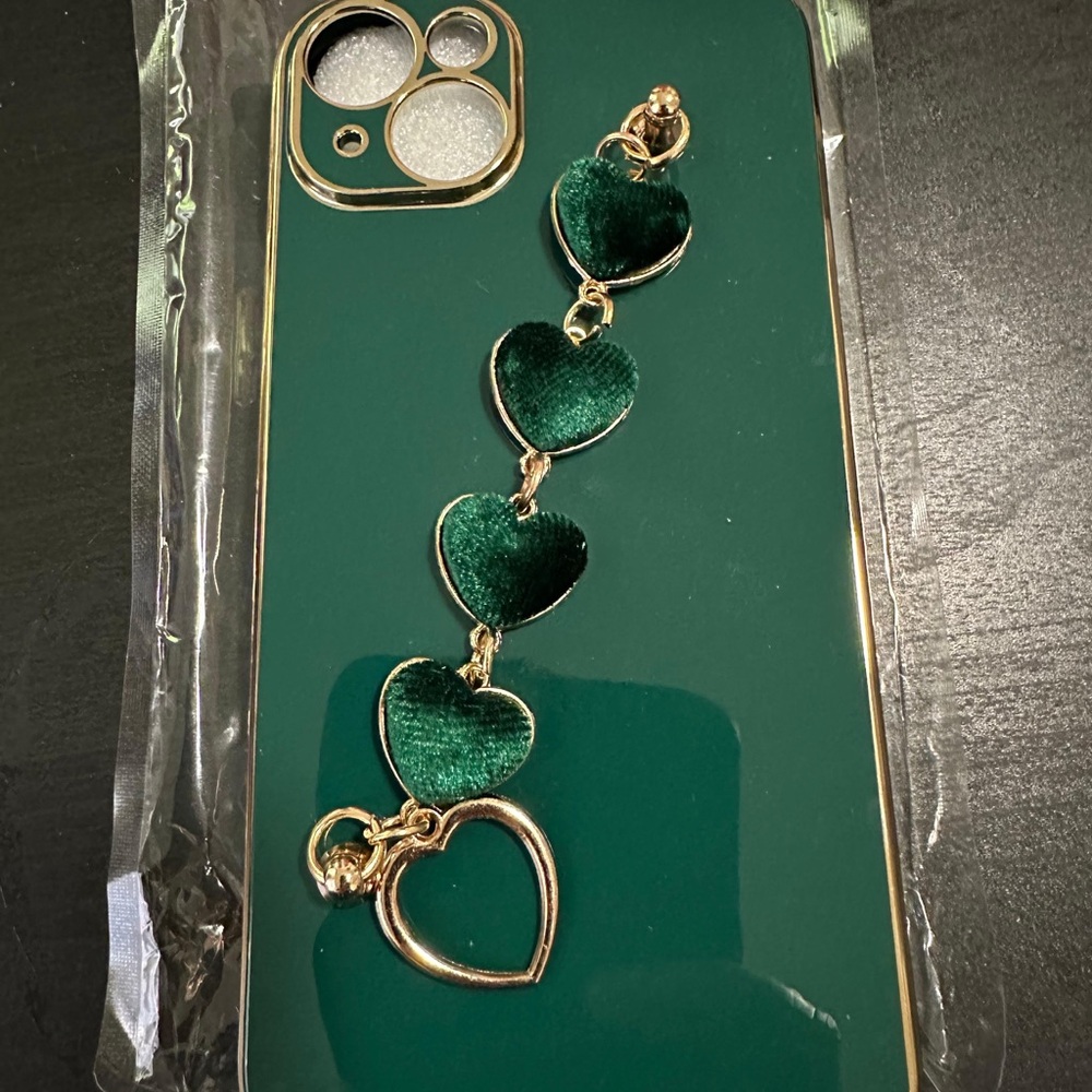 Green and Gold iPhone Case with Heart Chain Charm